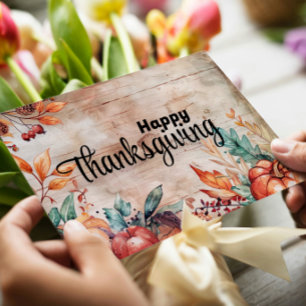 Wooden Pumpkins and Leaves Happy Thanksgiving Holiday Card