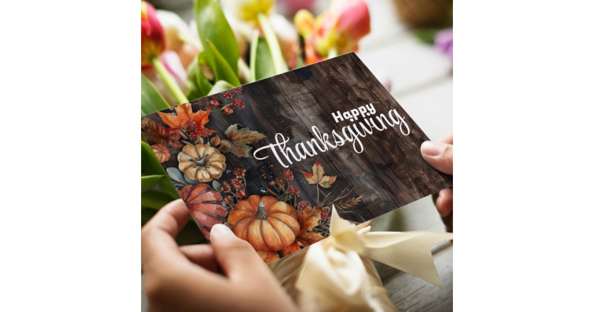 Wooden Pumpkins and Leaves Happy Thanksgiving Holiday Card | Zazzle
