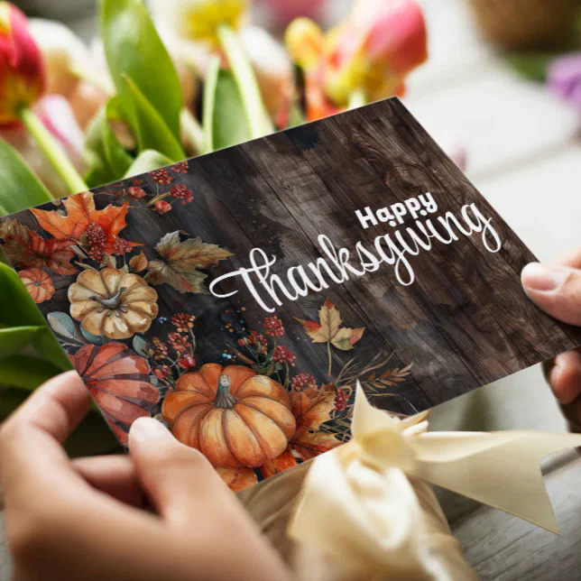 Wooden Pumpkins and Leaves Happy Thanksgiving Holiday Card

