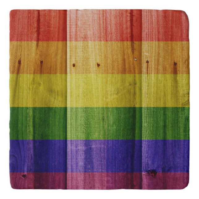 Wooden rainbow pride flag trivet (Front)