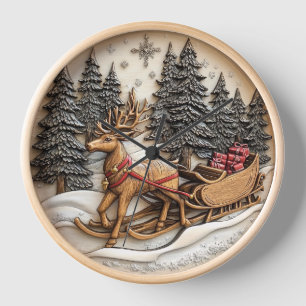 Wooden reindeer sleigh carving clock