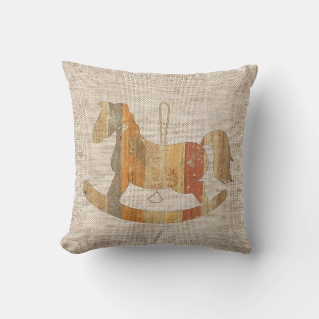 Wooden Rocking Horse Vintage Style Linen Pillow (Front)