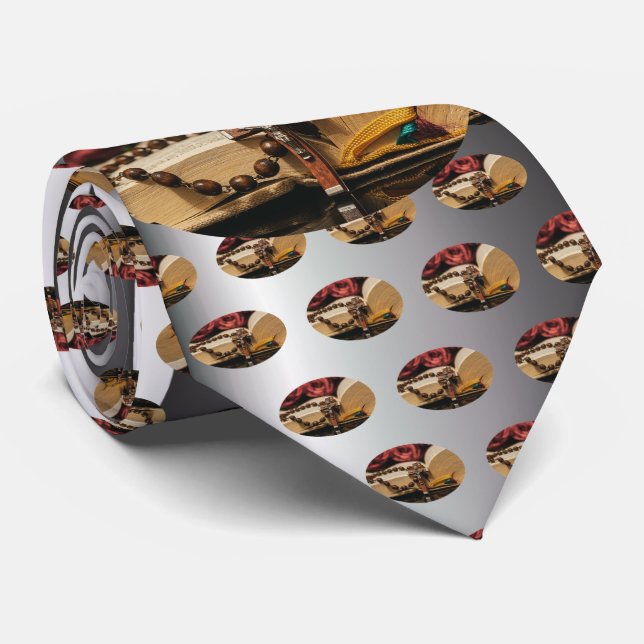Wooden Rosary with Jesus on Cross Neck Tie (Rolled)