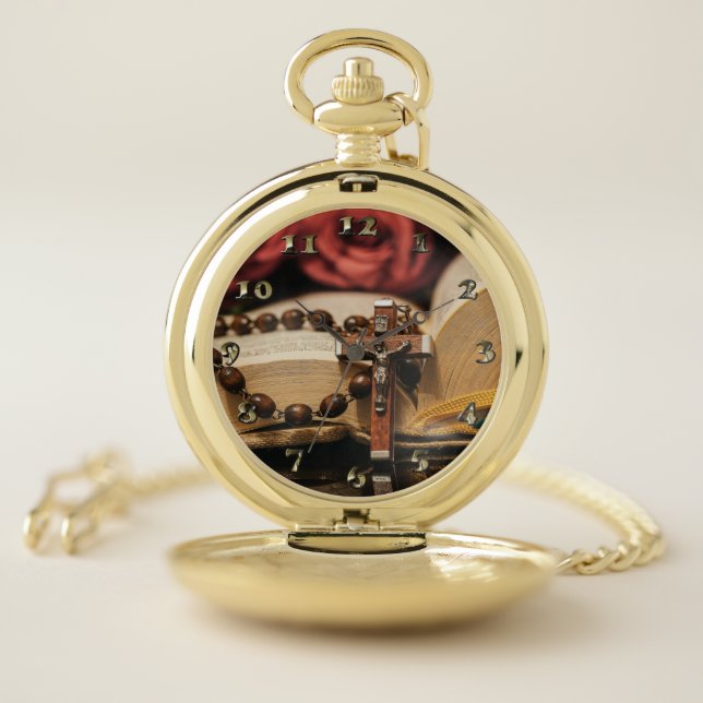 Wooden Rosary with Jesus on Cross Pocket Watch (Inside)