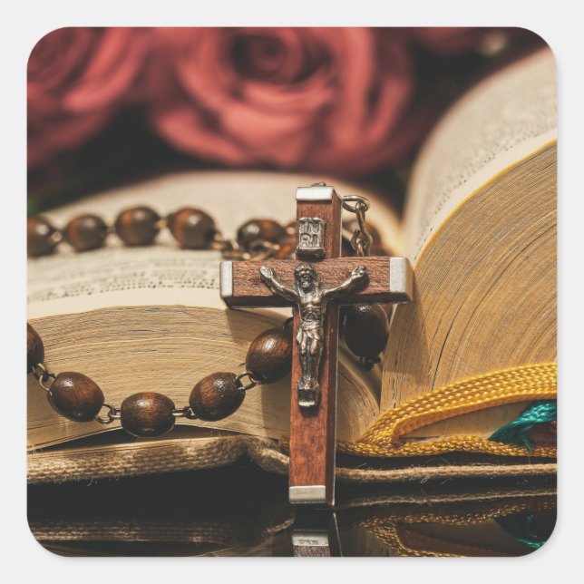 Wooden Rosary with Jesus on Cross Square Sticker (Front)