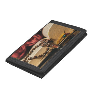 Wooden Rosary with Jesus on Cross Tri-fold Wallet