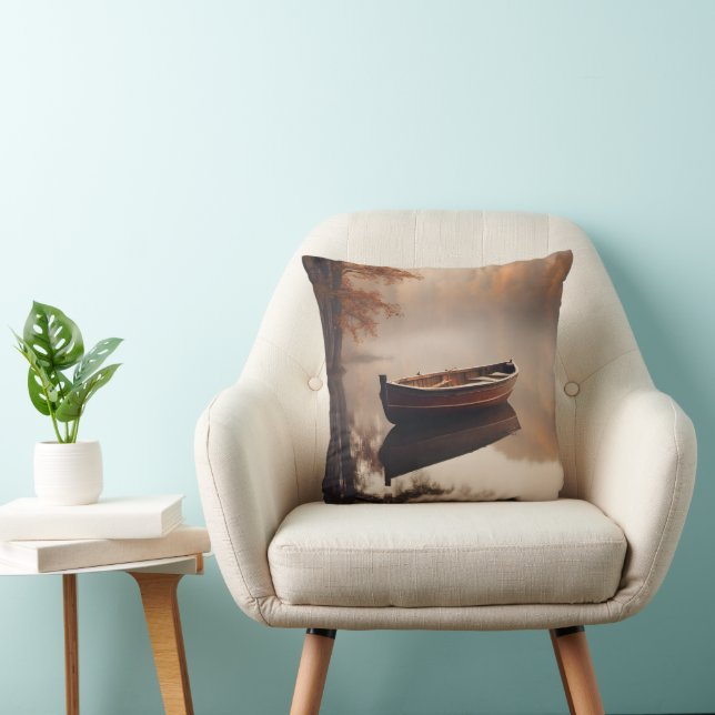 Wooden Row Boat On Autumn Lake Throw Pillow (Chair)