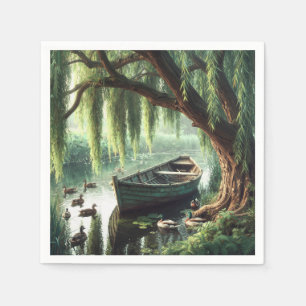 Wooden Rowboat Under a Willow Tree Napkins