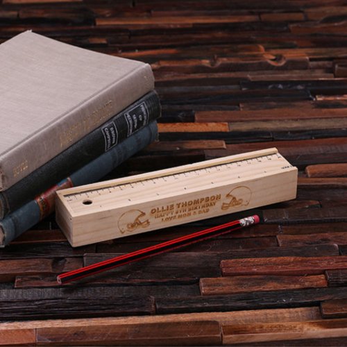 Wooden Ruler Set w Engraved Football Pencil Case 