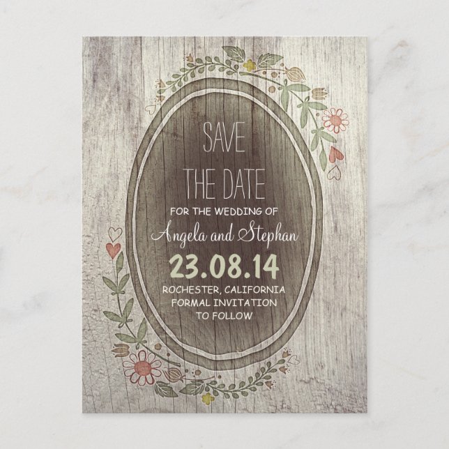 wooden rustic country save the date postcards (Front)