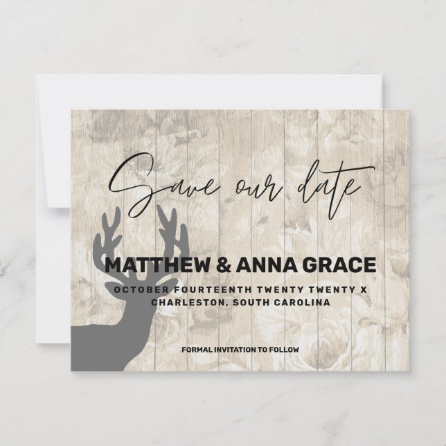 Wooden Rustic Floral Deer Antlers Save The Date (Front)