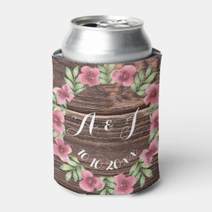 Wooden Rustic floral monogram can coolers