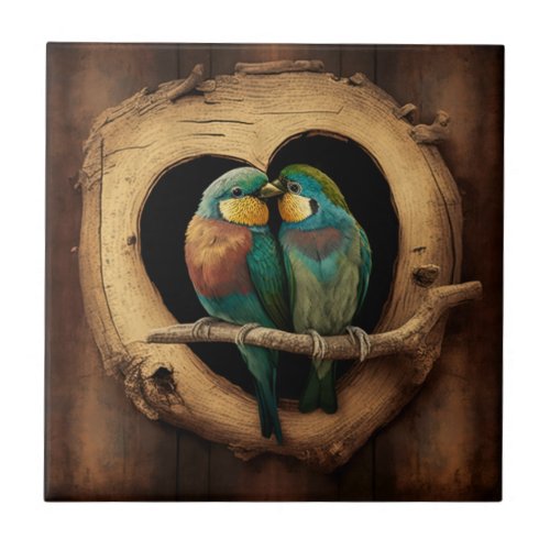 Wooden Rustic Lovebirds Ceramic Tile