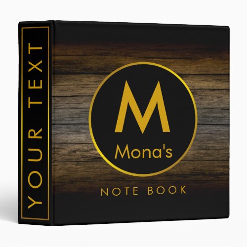 Wooden Rustic  Monogram Personalized Gold Black 3 Ring Binder