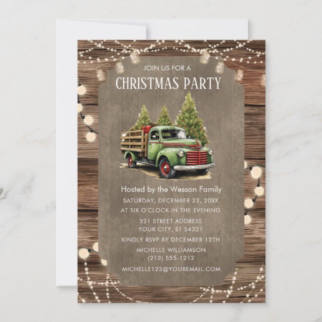 Wooden Rustic Truck Christmas Party Dinner Invitation (Front)