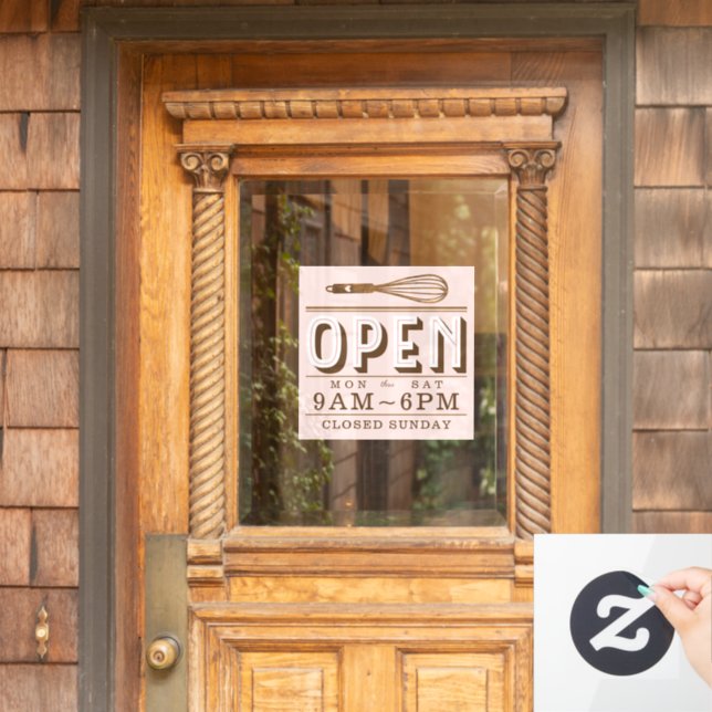 Wooden Rustic Whisk Open Hours Bakery Business Window Cling (Home Door)