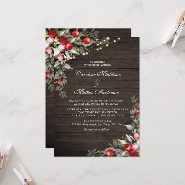 Wooden Rustic  Winter Berries Wedding Invitation (Front/Back In Situ)