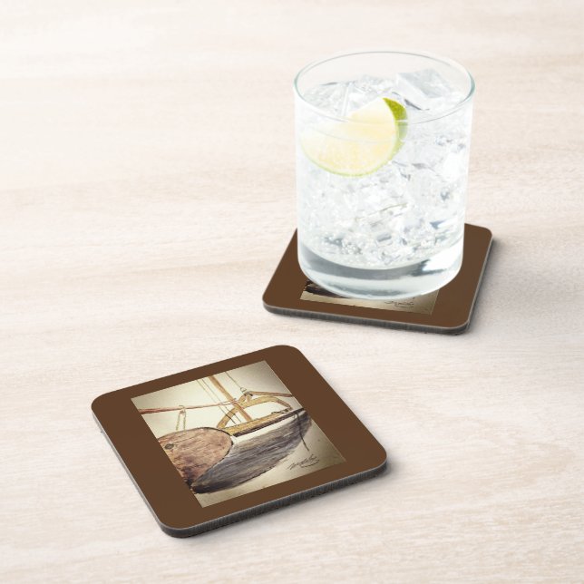 Wooden Sailboat Sketch - Hard Plastic Coaster (Right Side)