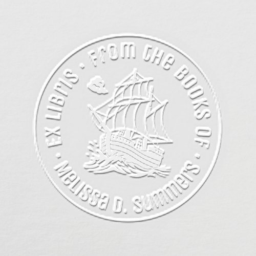 Wooden Sailing Ship Caravel Round Bookplate Embosser