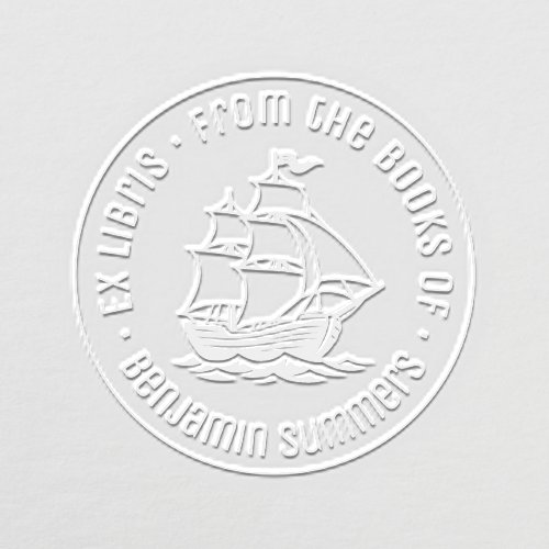 Wooden Sailing Ship Galleon Round Bookplate Embosser