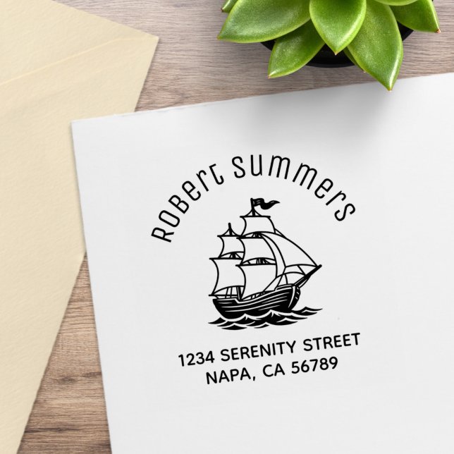 Wooden Sailing Ship Galleon Sea Arch Address Rubber Stamp (Creator Uploaded)