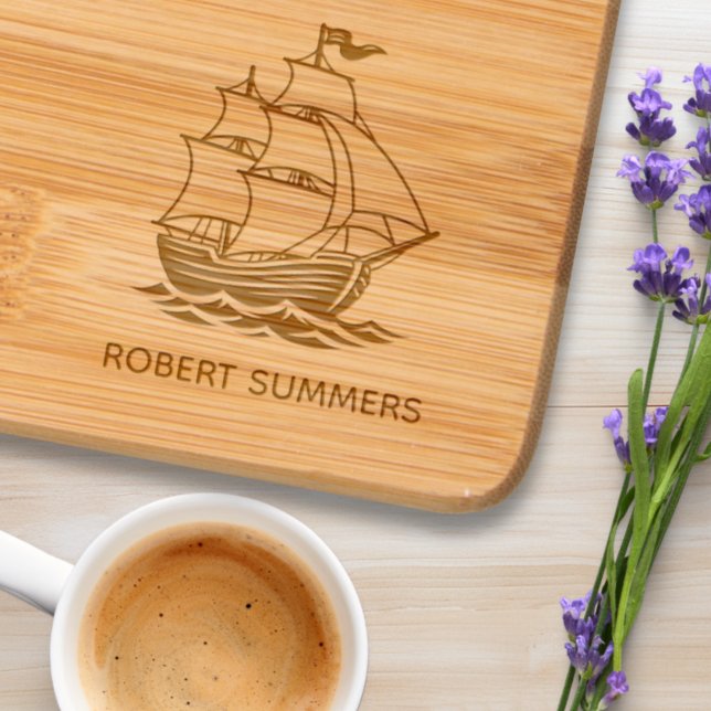 Wooden Sailing Ship Galleon Sea Custom Text Engraved Cutting Board (Creator Uploaded)
