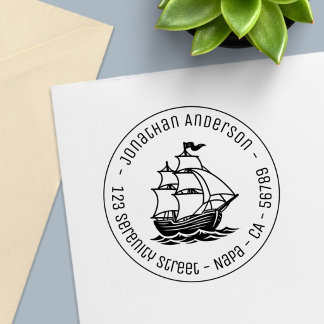 Wooden Sailing Ship Galleon Sea Round Address Self-inking Stamp