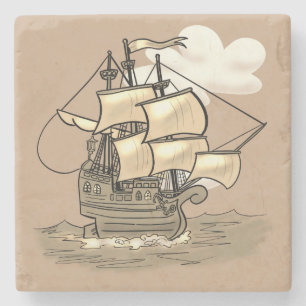 Wooden Sailing Ship Stone Coaster