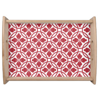 Wooden serving tray  red & white geometric pattern