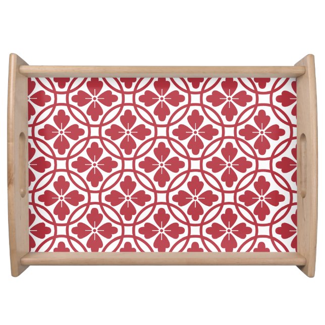 Wooden serving tray  red & white geometric pattern (Front)