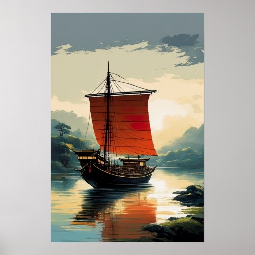 Wooden Ship on Peaceful River  Poster