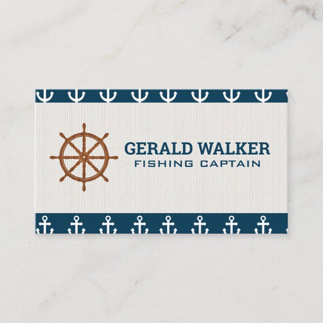Wooden Ship Wheel | Anchor Pattern Business Card (Front)