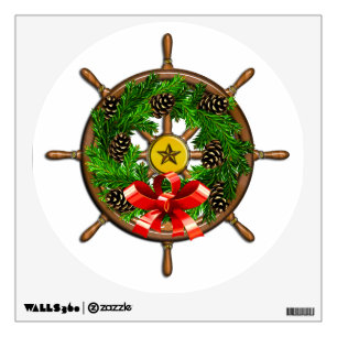 Wooden Ship's Wheel with Evergreen Wreath Wall Decal