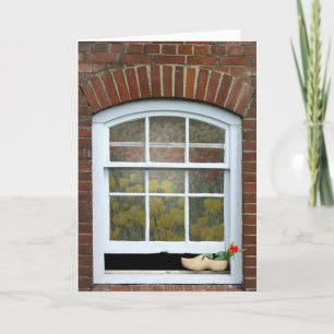 wooden shoe with tulip in window card