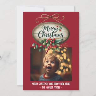 Wooden Sign Evergreen Candy Cane Holiday Card