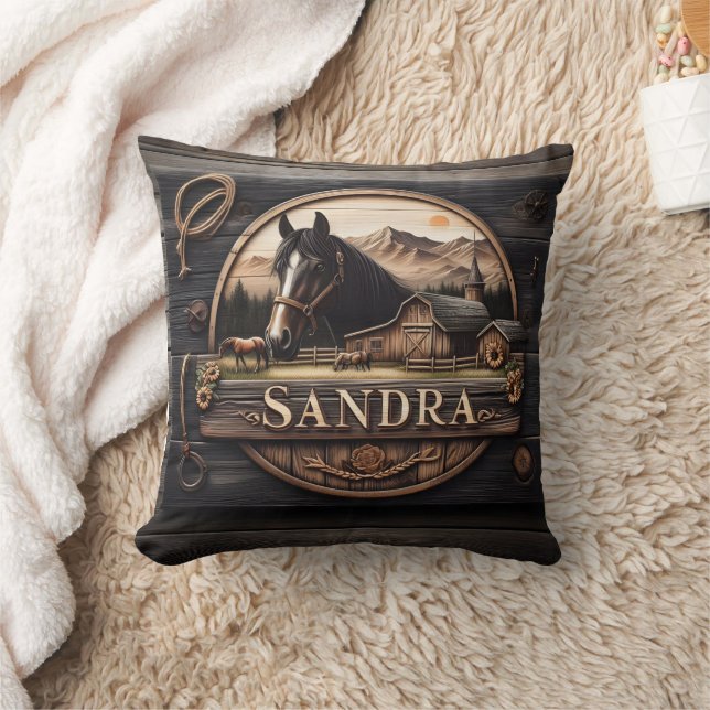 Wooden Sign Featuring Horse And Barn At Sunset Throw Pillow (Blanket)