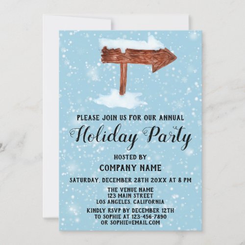 Wooden Sign White Snow Blue Company Holiday Party Invitation