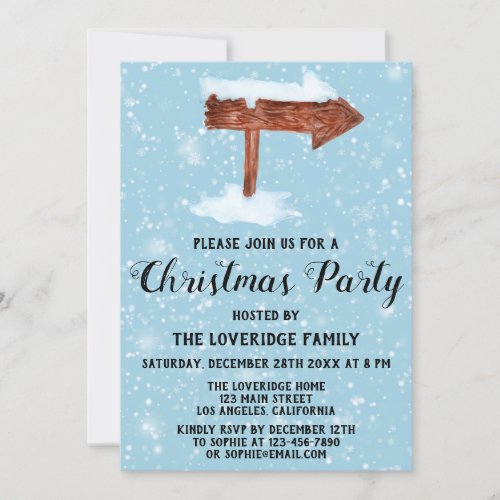 Wooden Sign  White Snow Holiday Christmas Party Invitation