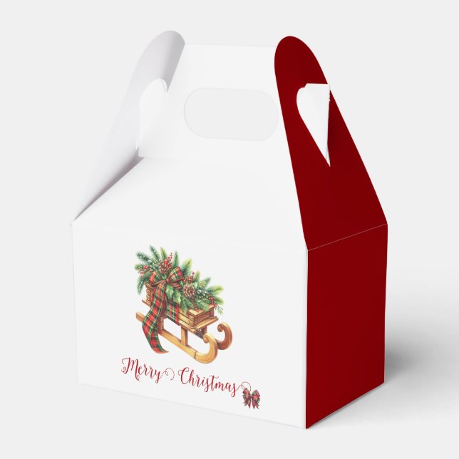 Wooden Sled Fir Branches Green & Red Plaid Favor Boxes (Front Side)