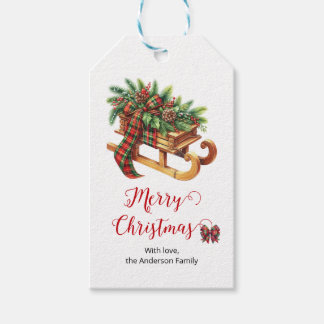 Wooden Sled Fir Branches Green & Red Plaid Gift Tags