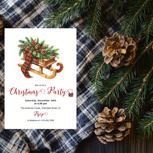 Wooden Sled Fir Branches Green & Red Plaid Invitation (Creator Uploaded)