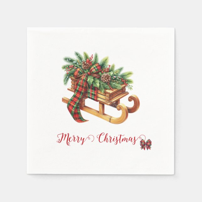 Wooden Sled Fir Branches Green & Red Plaid Napkins (Front)