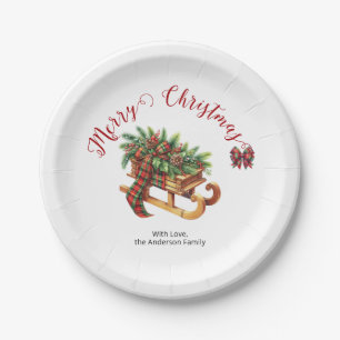 Wooden Sled Fir Branches Green & Red Plaid Paper Plates