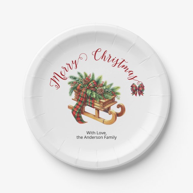 Wooden Sled Fir Branches Green & Red Plaid Paper Plates (Front)