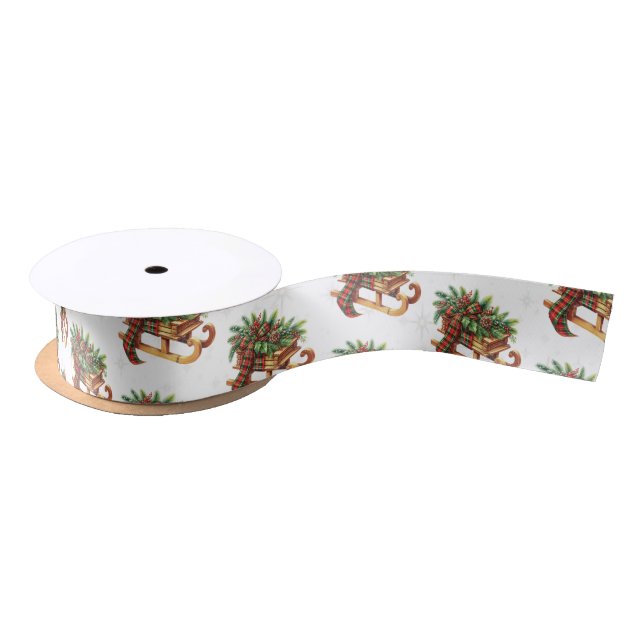 Wooden Sled Fir Branches Green & Red Plaid Satin Ribbon (Spool)