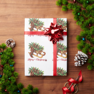 Wooden Sled Fir Branches Green & Red Plaid Wrapping Paper