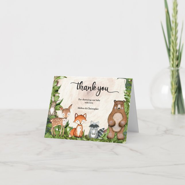 Wooden slice woodland forest animals folded thank you card (Front)