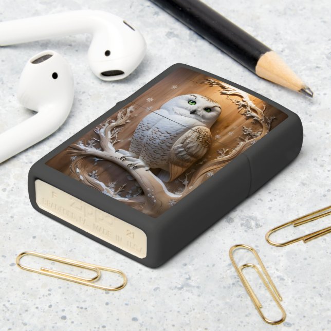 Wooden Snow Owl Carving Zippo Lighter (On Table 2)