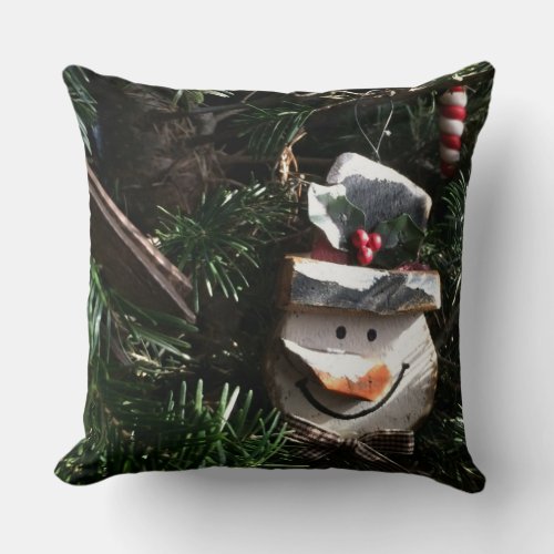 Wooden Snowman Face Throw Pillow