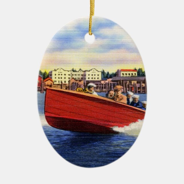 Wooden Speed Boat on Lake Coeur d'Alene, Idaho Ceramic Ornament (Front)